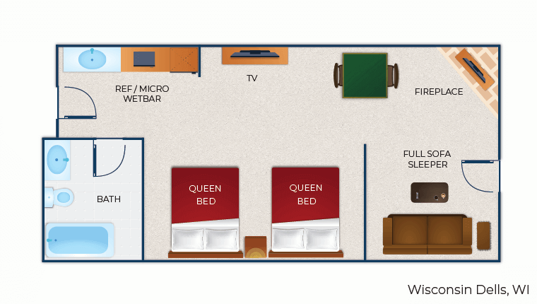 The floor plan for the Family Fireplace Suite (Balcony/Patio)